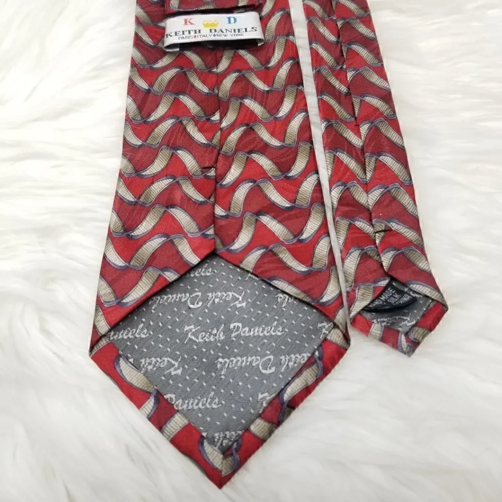 Keith Daniels Red & Gray Ribbon Print Silk Tie